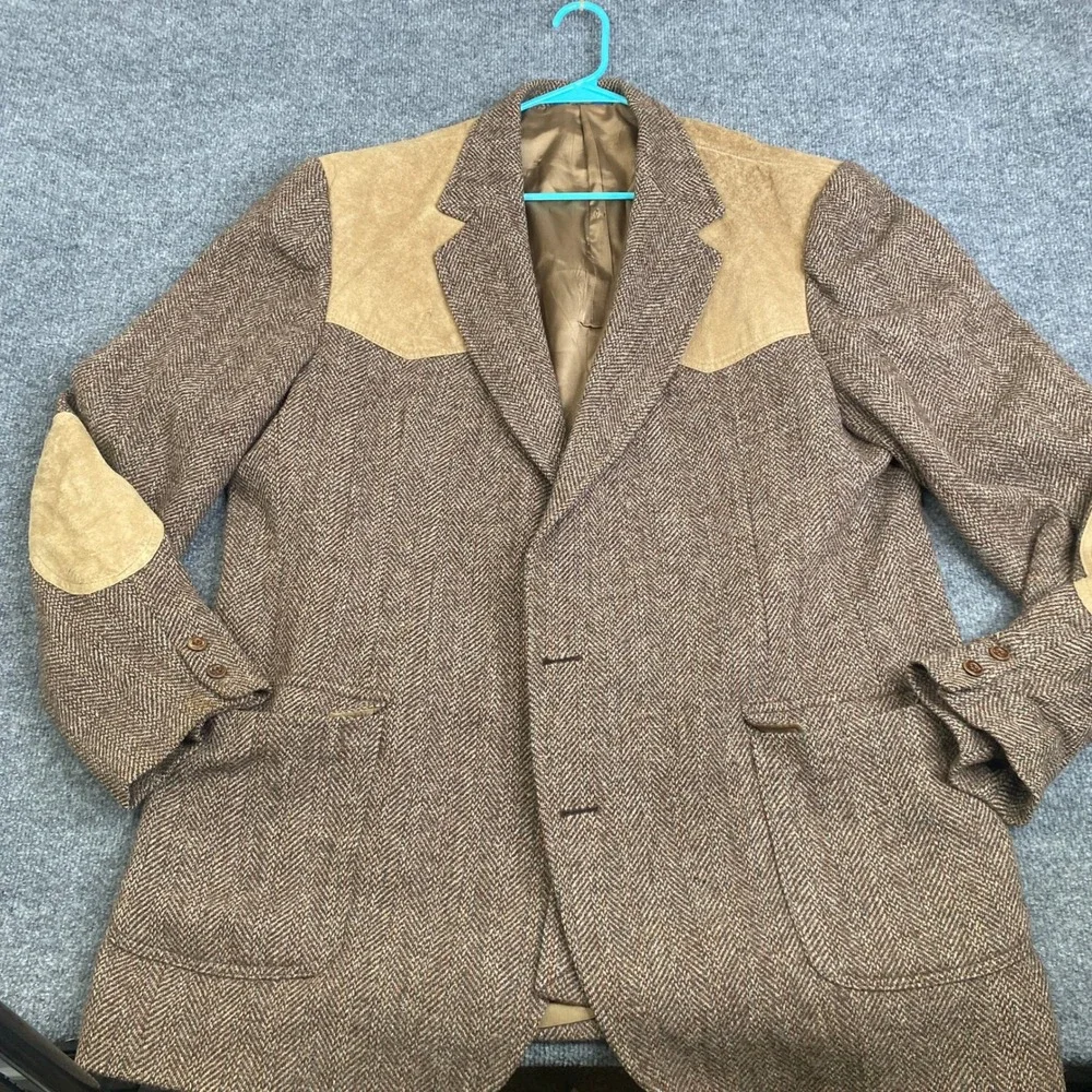 Pendleton Mens 50 Tall Western Blazer Brown Herringbone Wool Suede Yoke Patch